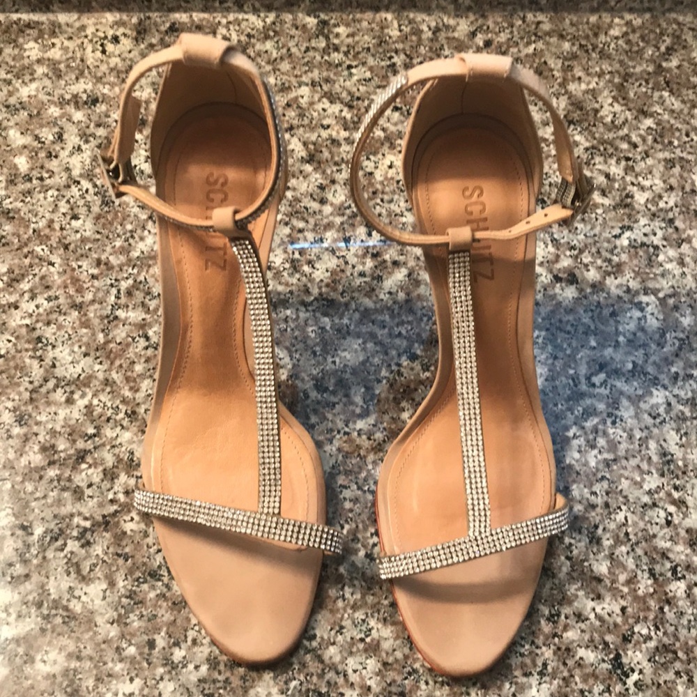 SCHUTZ T-Strap Crystal Nude Heels